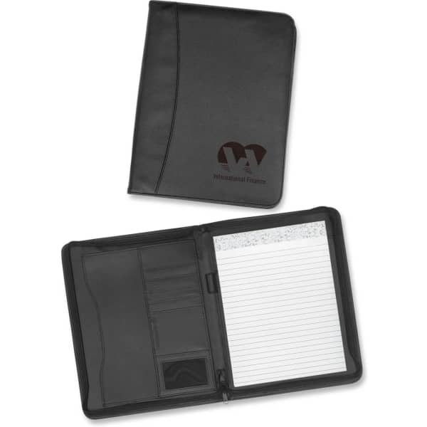 A black zip portfolio featuring card slots, a notepad, and a logo. It has a sleek, professional design.
