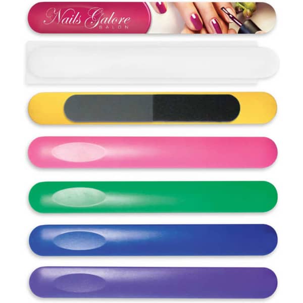A collection of nail files in various colours: white, yellow, pink, green, blue, and dark purple, featuring a logo.
