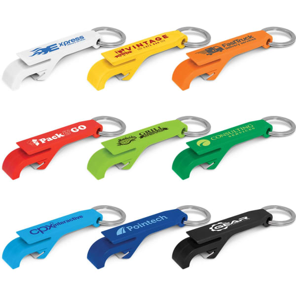 A drink bottle opener key ring set in various vibrant colours, featuring a keyring attachment and multiple designs.