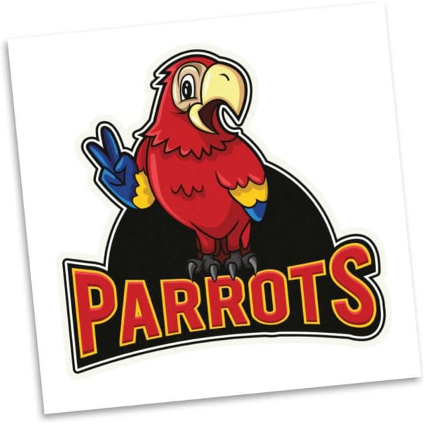 A colourful temporary tattoo featuring a cartoon parrot in red and yellow, with a peace sign. It has a logo.