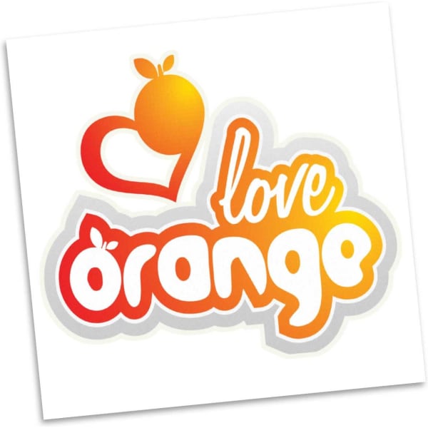 A square temporary tattoo design featuring orange and red colours with a heart and the word 