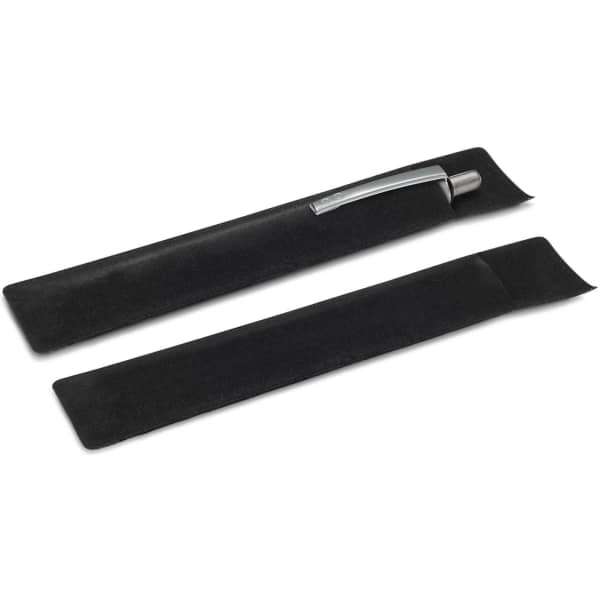 A black velvet pen sleeve with a pen inside, featuring a sleek design and a subtle branding logo.