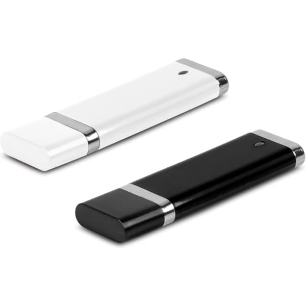 A white and a black flash drive with metallic accents, featuring a sleek design. The product includes a logo.
