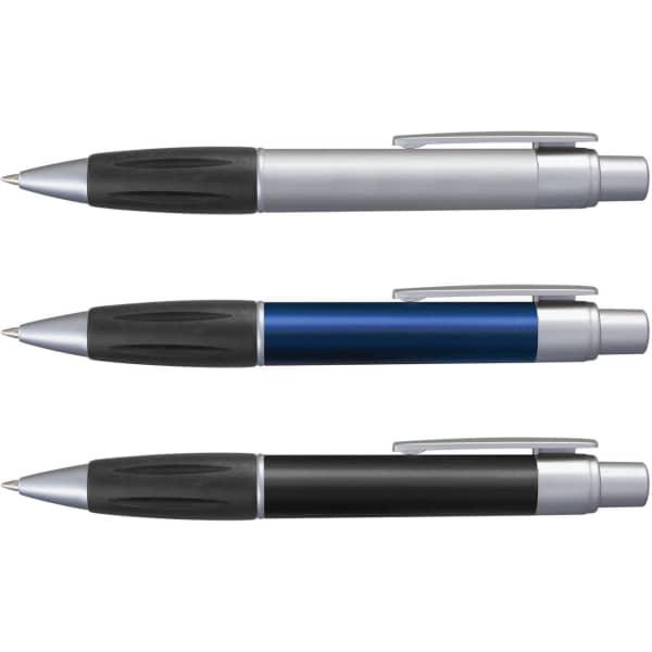 Matrix Metallic Pens in silver, blue, and black, each featuring a plastic body with a textured grip and a metallic clip.