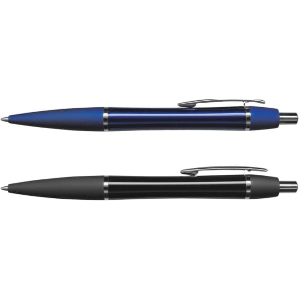 Two metal pens, one with a blue finish and the other in a black finish, both featuring silver accents and clips.