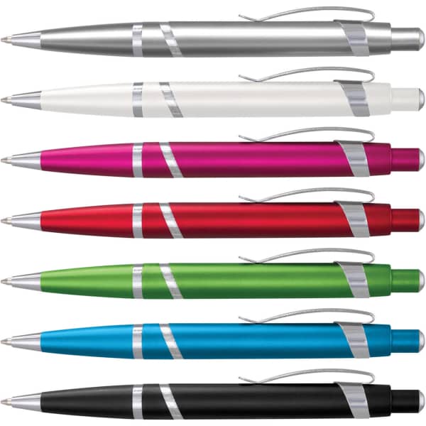 A collection of Athena pens in silver, white, pink, red, green, blue, and black, each with a sleek design and a logo.