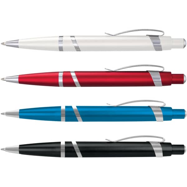 A collection of four plastic pens in white, red, blue, and black, each featuring a sleek design and a logo.
