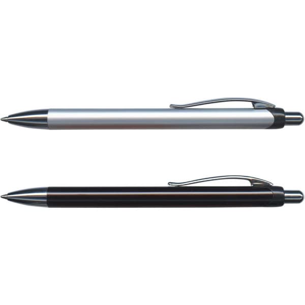 A set of two metal pens in silver and black, each featuring a clip and a sleek design.