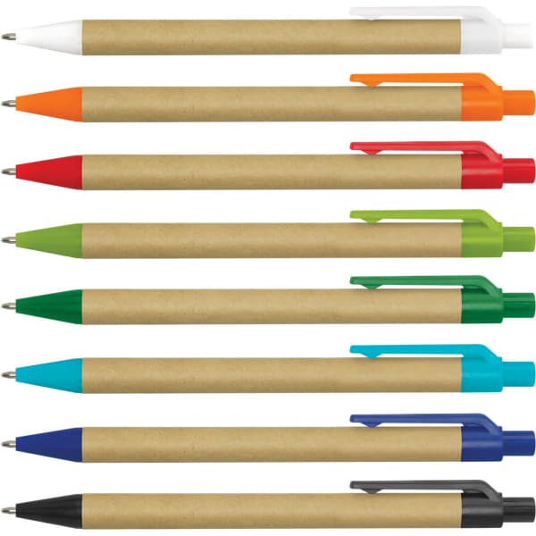 A selection of plastic pens with Kraft paper bodies in various colours: white, orange, red, green, blue, and black.