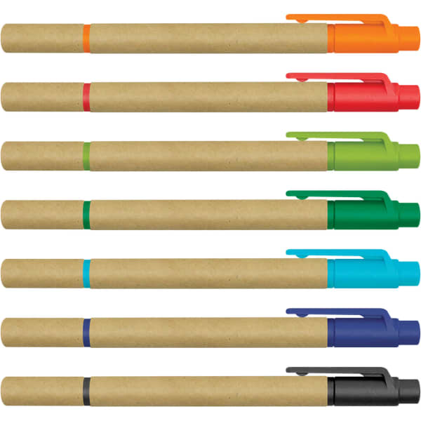 A collection of kraft highlighters in orange, red, green, blue, and black, featuring a minimalist design and varying tip colours.