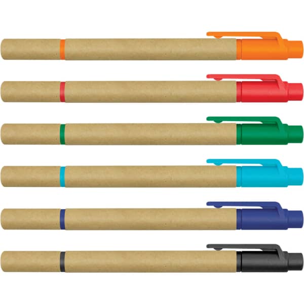A set of highlighters with kraft paper barrels in orange, red, green, blue, turquoise, and black, featuring a branding logo.