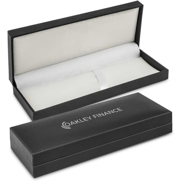 A black pen presentation box with a soft interior and a ribbon, featuring a logo on the exterior.