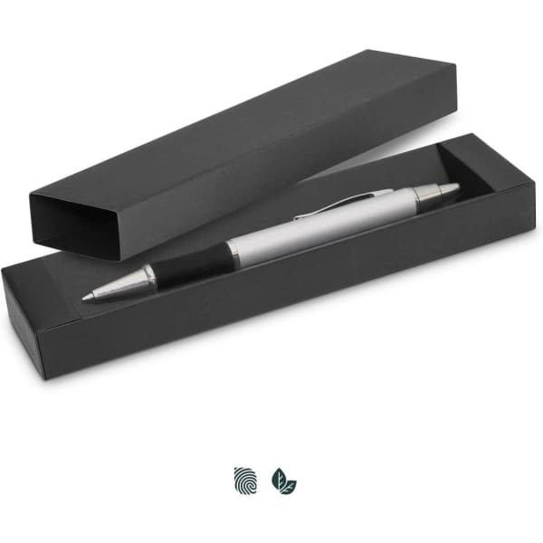 A black wedge gift box containing a silver pen with a black grip. The box features a logo.
