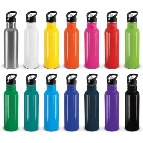 A drink bottle collection featuring various colours including silver, white, yellow, orange, pink, green, blue, and black. Each bottle has a handle and a logo.