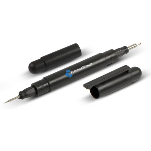 A black pocket screwdriver featuring dual heads and a logo, compact and portable for easy use.