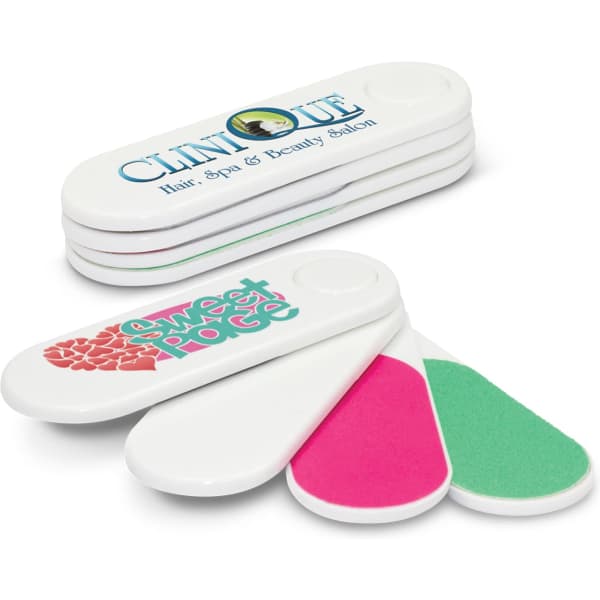 A Swivel Nail Care Kit featuring white cases with pink and green nail files inside, along with an associated logo.