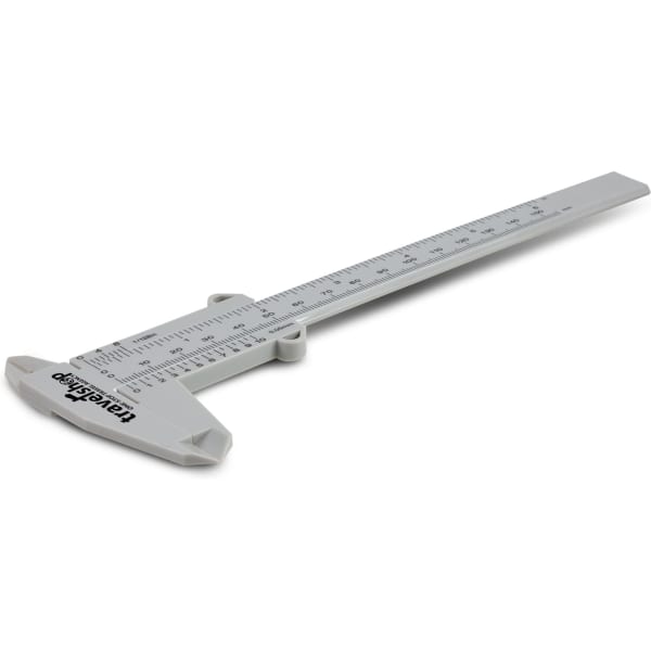 A grey Vernier caliper with measurement scales, featuring a branding logo.