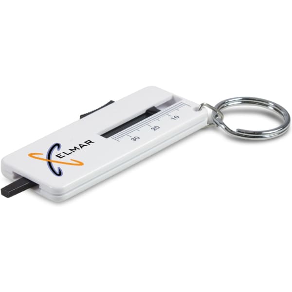 A white key ring tool with a ruler and a sliding mechanism, featuring a logo.