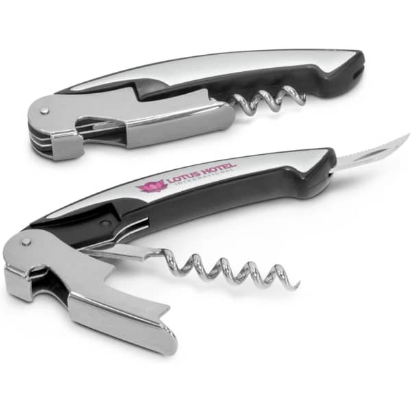 A drink bottle opener and corkscrew in silver and black, featuring a logo on the handle.