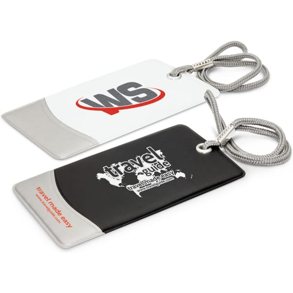 A set of two luggage tags, one white with a logo and one black with a logo, each featuring a silver detail and a cord.