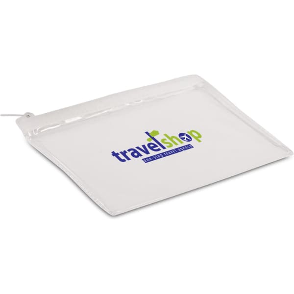 A clear zippered pouch with a white top and a logo, designed for travel accessories and organisation.