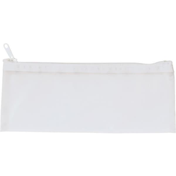 A clear pencil case in white with a zip closure and a decorative top trim featuring a logo.