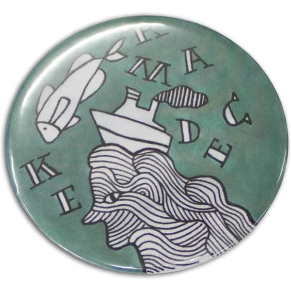 A round, 58mm button badge featuring a green background with abstract white line art and a logo.