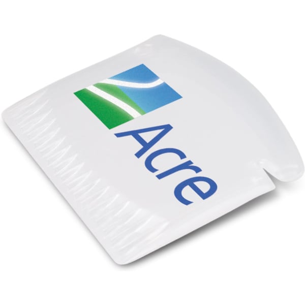 A compact ice scraper in white with a curved handle and a serrated edge, featuring a logo.