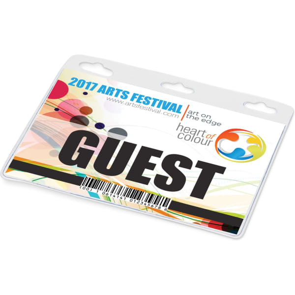 A clear vinyl ID holder featuring a colourful design and a badge with 'GUEST' prominently displayed.
