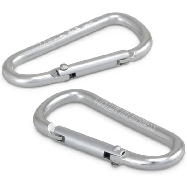 A silver carabiner with a sleek design, featuring a spring-loaded gate. Includes branding on one side.
