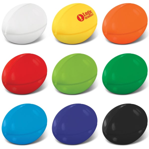 A collection of stress rugby balls in various colours: white, yellow, orange, red, green, blue, black, and purple, with a logo.