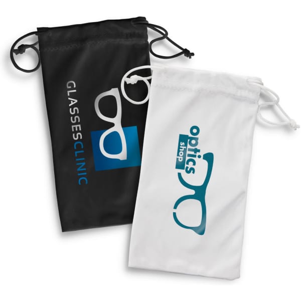 Two microfibre pouches, one black and one white, each featuring a logo, with drawstring closures.