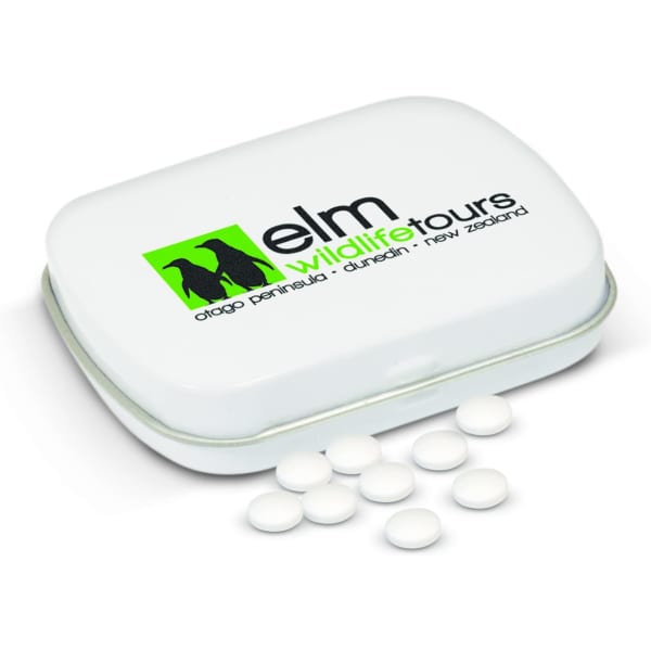 A rectangular white mint tin with a lid, containing white mints, featuring a logo on the front.