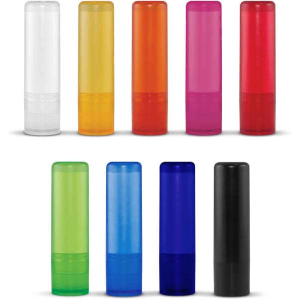 A collection of colourful lip balm tubes in white, yellow, orange, pink, red, green, blue, and black. Each tube features a logo.