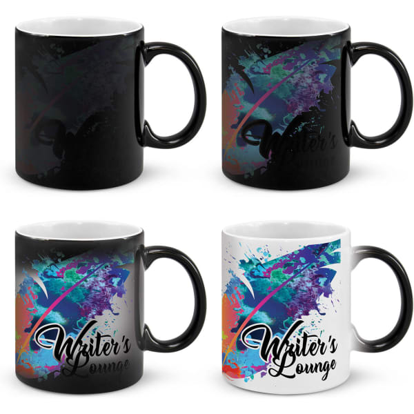 A coffee mug featuring a black and white design with vibrant splash colours and a logo. Handles included.