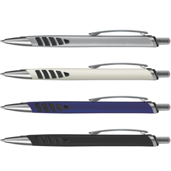 A collection of B-52 pens in silver, cream, blue, and black, each featuring a textured grip and a clip.