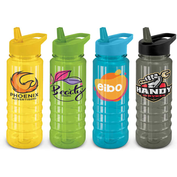 A drink bottle collection featuring yellow, green, blue, and grey bottles with various logos and branding.