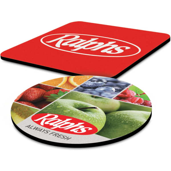 A red mouse mat with a logo on top and a round mouse mat featuring colourful fruit images on the bottom.