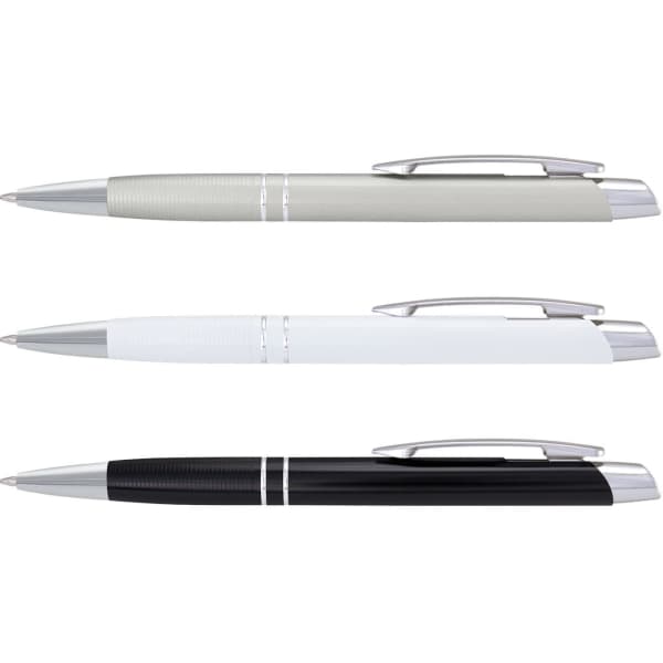 Three metallic pens in grey, white, and black, each with silver accents and a logo on the barrel.