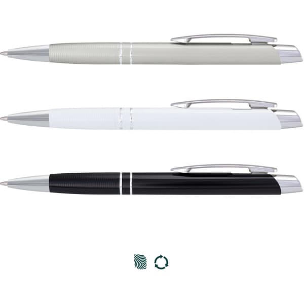 A set of three metal pens in grey, white, and black with chrome accents and a branding logo.