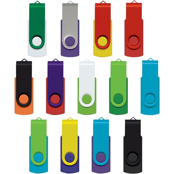 A collection of colourful Helix 4GB Mix & Match Flash Drives in various hues, featuring a simple design and a logo.