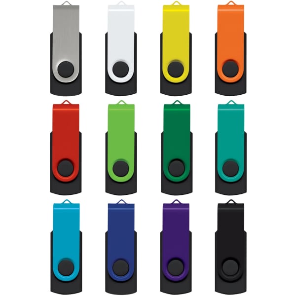 A collection of Helix 8GB flash drives in various colours, featuring a swivel design with a black base and branding.