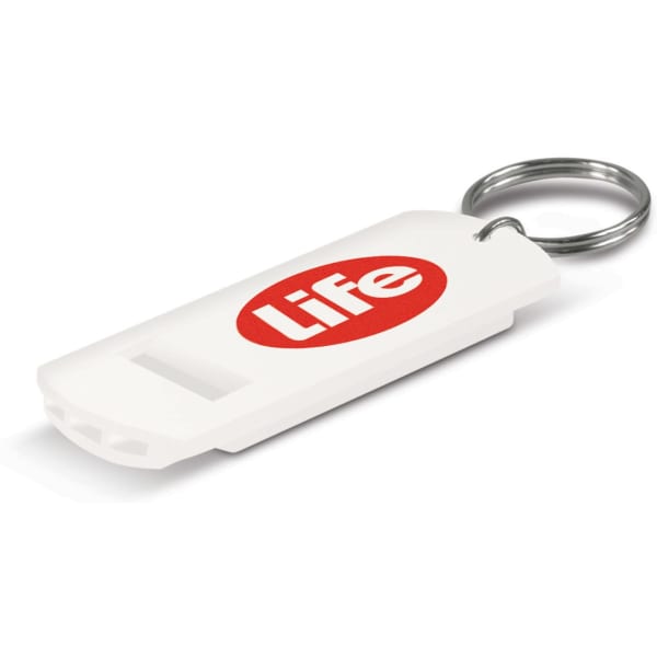A white safety whistle with a keyring, featuring a red logo.