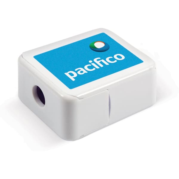 A white pencil sharpener with a blue and green logo on the top.