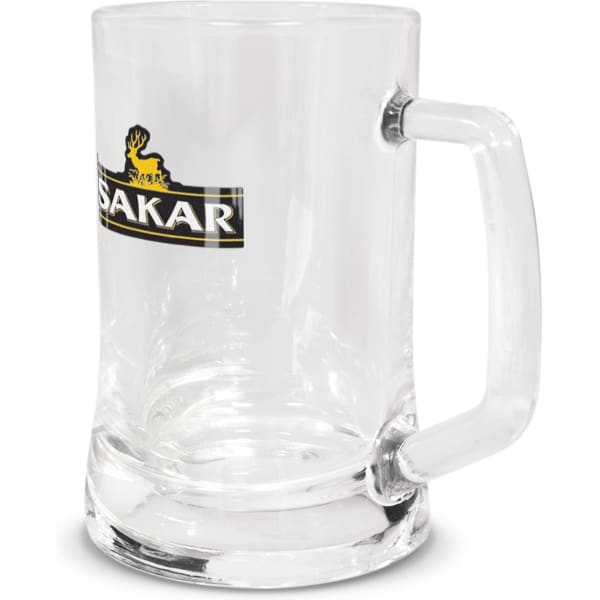 A clear glass beer mug with a sturdy handle and a logo on the front.