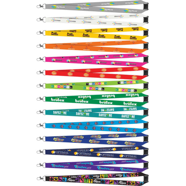A collection of 20mm Colour Max lanyards in various vibrant colours, featuring multiple logos.