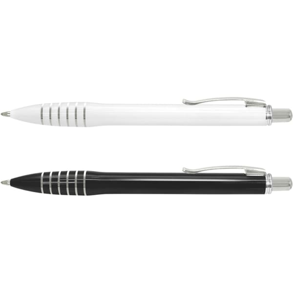A pair of plastic pens in white and black, featuring silver accents and a logo on each.