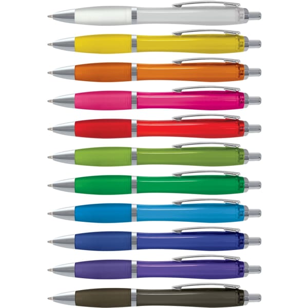 A collection of translucent plastic pens in various colours, featuring silver accents and clip designs.