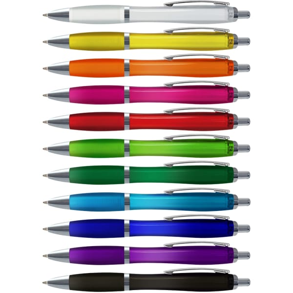 A collection of translucent pens in various colours, including white, yellow, orange, pink, red, green, blue, purple, and black, with silver accents.