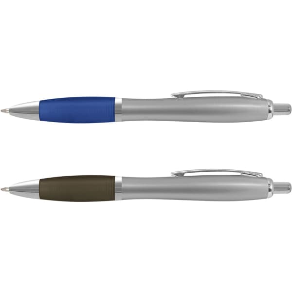 A set of two plastic pens featuring silver barrels with blue and olive green grips. Each pen has branding.